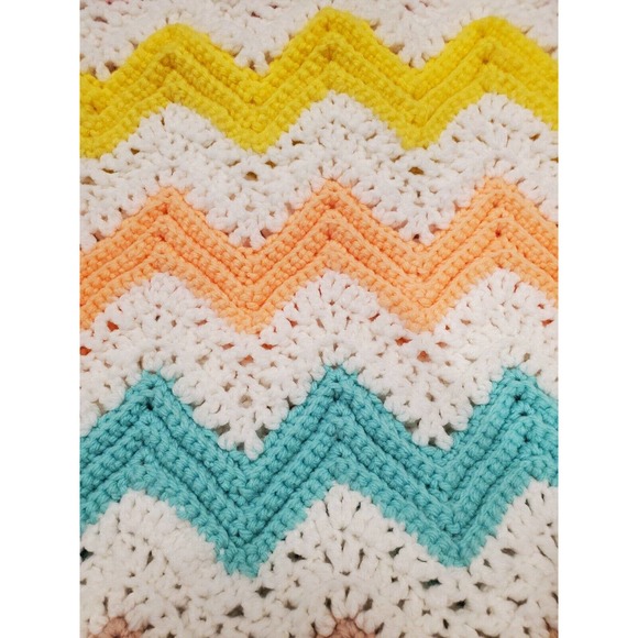 Vintage Afghan Crochet Throw Blanket Handmade Pastel Chevron Stripe 47x42 Baby - Picture 7 of 7